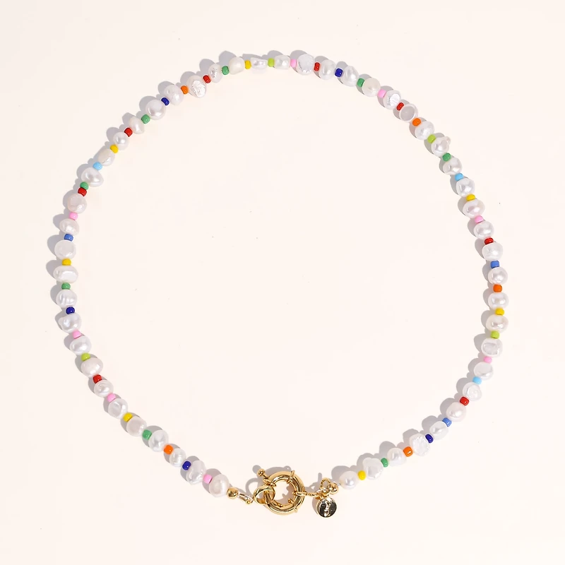 Joey Baby 18K Gold Plated Freshwater Pearls with Colored Glass Beads - Amber Necklace 17" For Women
