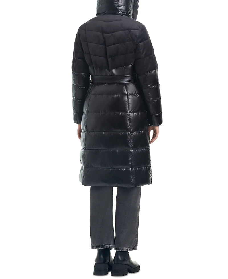 Vince Camuto Women's Velvet Mix Belted Hooded Puffer Coat