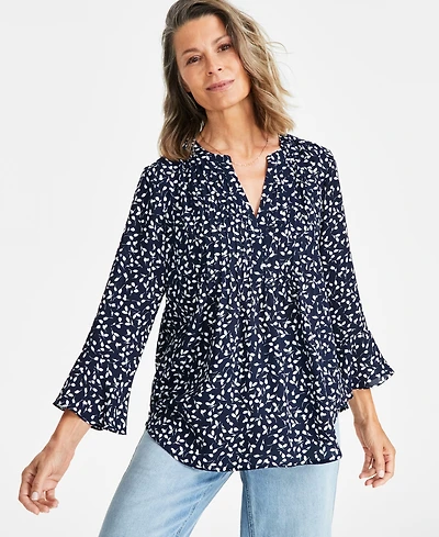 Style & Co Women's Printed Pintuck Ruffle Sleeve Top, Created for Macy's