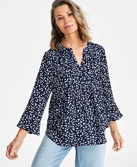 Style & Co Women's Printed Pintuck Ruffle Sleeve Top, Created for Macy's