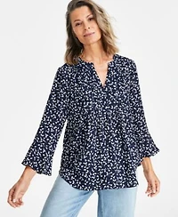 Style Co Womens Printed Pintuck Ruffle Sleeve Top Pp 4x Created For Macys