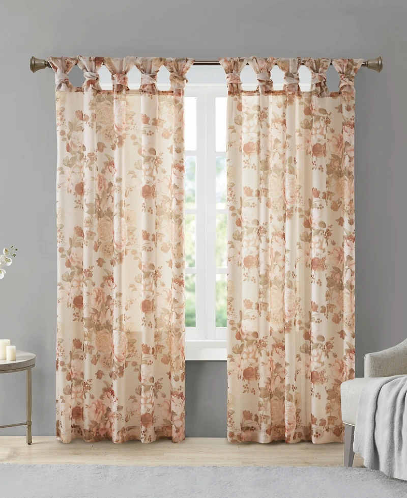 Simone Printed Floral Twist Tab Top Voile Sheer Curtain, 50x84