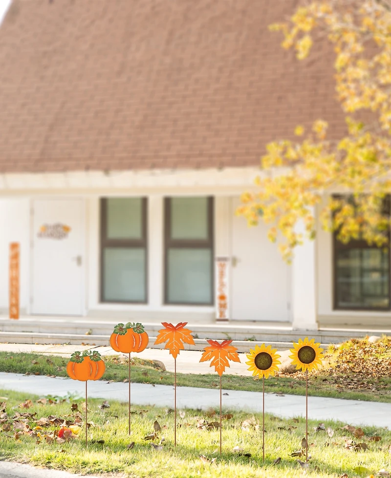 Glitzhome 18" H Fall Metal Pumpkin, Leave Sunflower Yard Stake, Set of 6