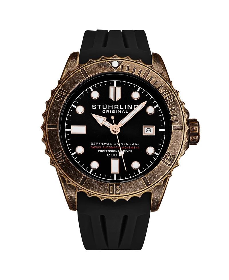 Stuhrling Men s Depthmaster Heritage 1003 44mm Swiss Automatic Diver Watch, Copper-Tone Bezel, Exhibition Caseback, Silicone Strap