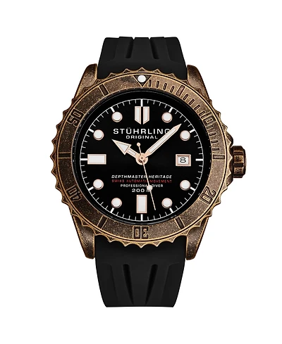 Stuhrling Men s Depthmaster Heritage 1003 44mm Swiss Automatic Diver Watch, Copper-Tone Bezel, Exhibition Caseback, Silicone Strap