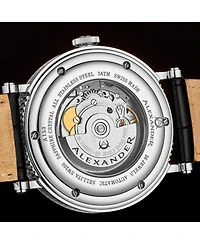 Alexander Triumph Men's Swiss Automatic Watch 43mm Silver Tone Stainless Steel Case Blue Dial Sapphire Crystal Black Leather Strap 30M