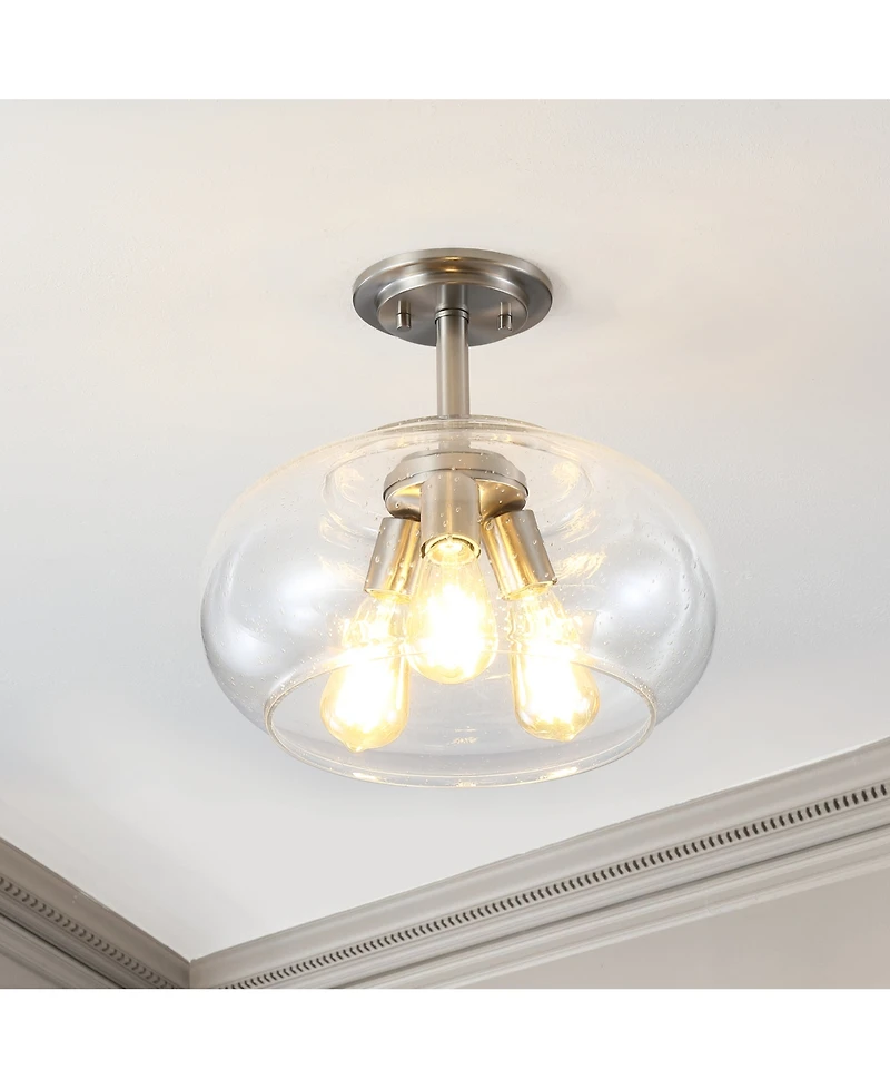 Lina 13.75" 3-Light Modern Industrial Iron, Seeded Glass Led Semi Flush Mount
