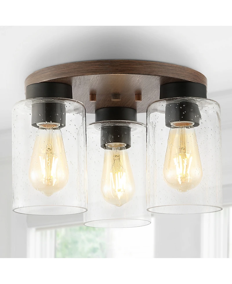 Nola 13" 3-Light Bohemian Farmhouse Iron, Seeded Glass Led Semi Flush Mount