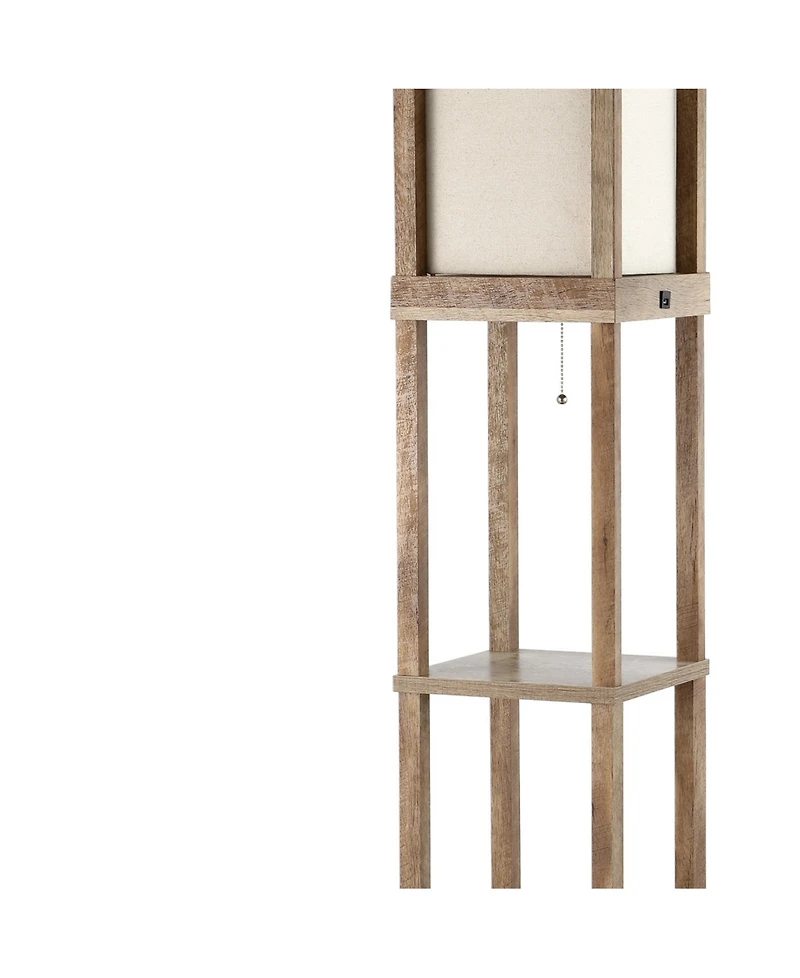 Etagere 63.5" Rustic Bohemian Wooden Led 3-Shelf Floor Lamp with Pull-Chain, Usb Charging Port and Smart Bulb