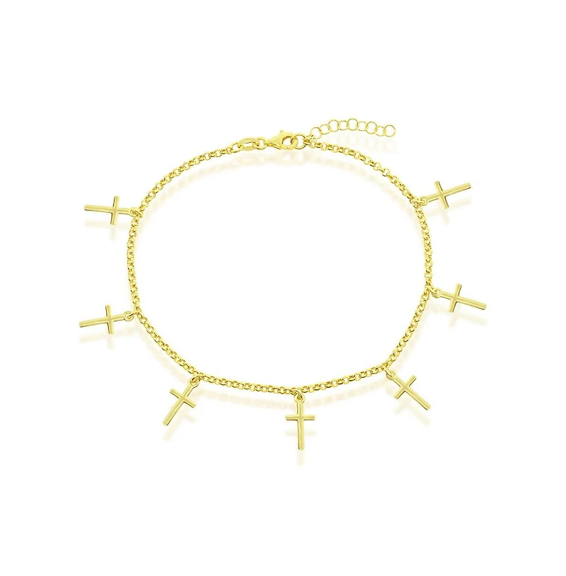 Simona Sterling Silver Cross Charms Rolo Chain Anklet - Gold Plated