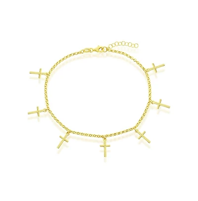 Simona Sterling Silver Cross Charms Rolo Chain Anklet - Gold Plated