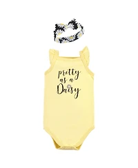 Hudson Baby Girls Sleeveless Bodysuit and Headband Set, Soft Pink Roses