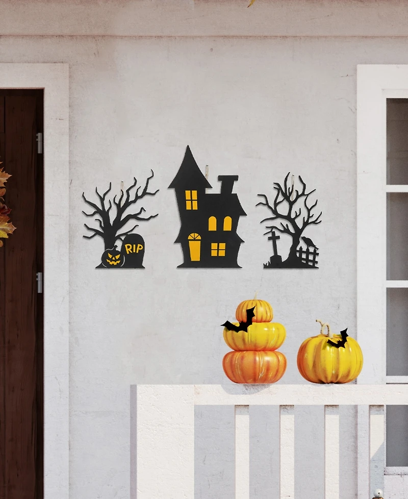 Glitzhome 24" H Halloween Metal Haunted House and Ghost Tree Yard Stake Decor, Set of 3