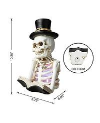 Glitzhome 10.25" H Halloween Lighted Resin Skull Reading Book Table Decor