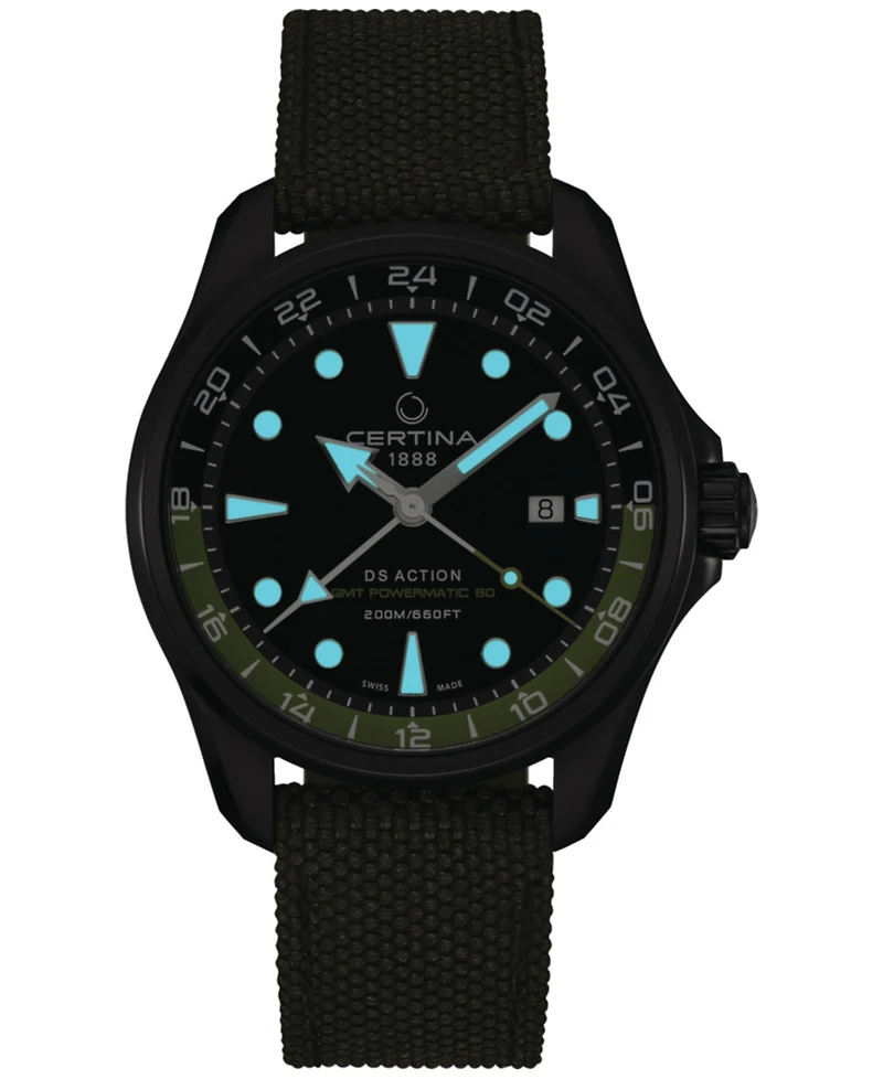 Certina Men's Swiss Automatic Ds Action Gmt Green Synthetic Strap Watch 43mm