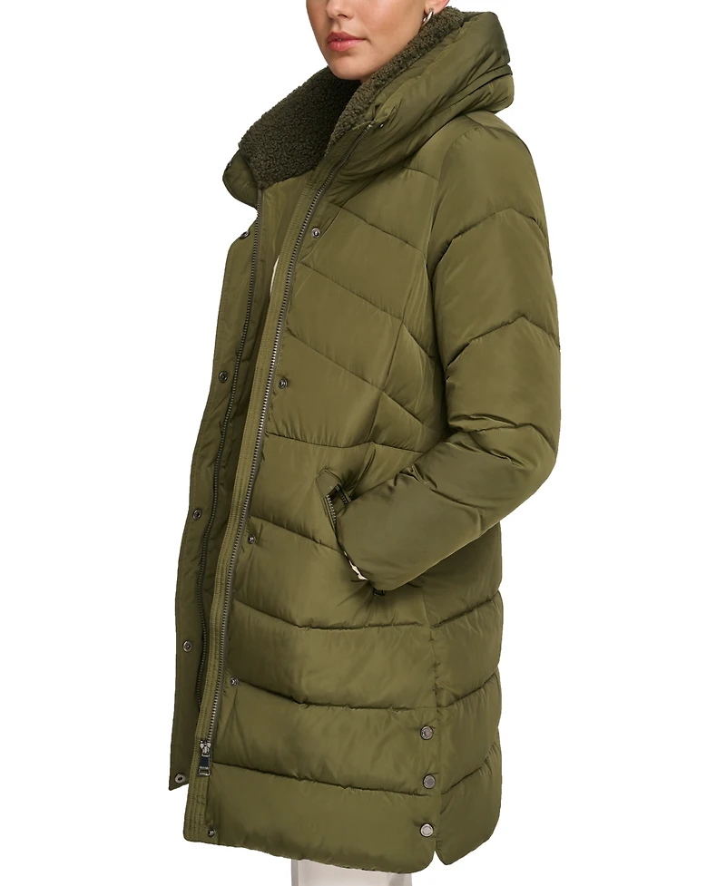 Calvin Klein Women's Faux-Sherpa Collar Hooded Stretch Puffer Coat, Created for Macy's
