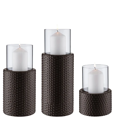 Danya B Contemporary 3-Piece Candle Holder Set with Clear Glass Hurricanes and Textured Metal Base