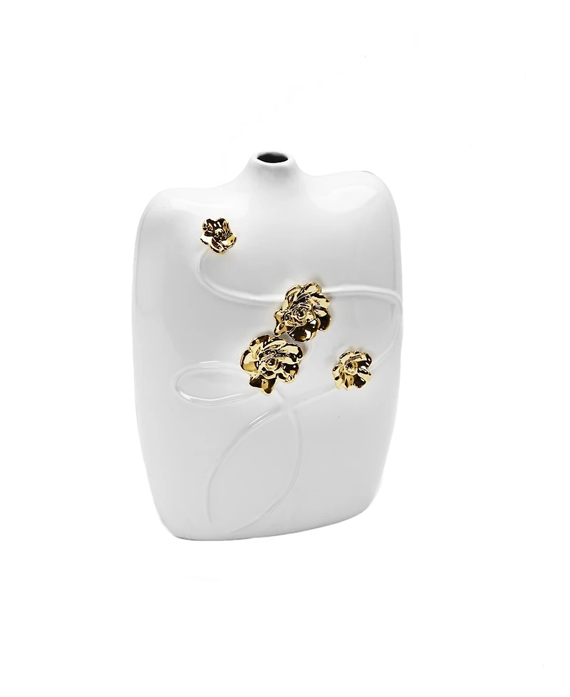 White Ceramic Vase Gold-Tone Flower Design