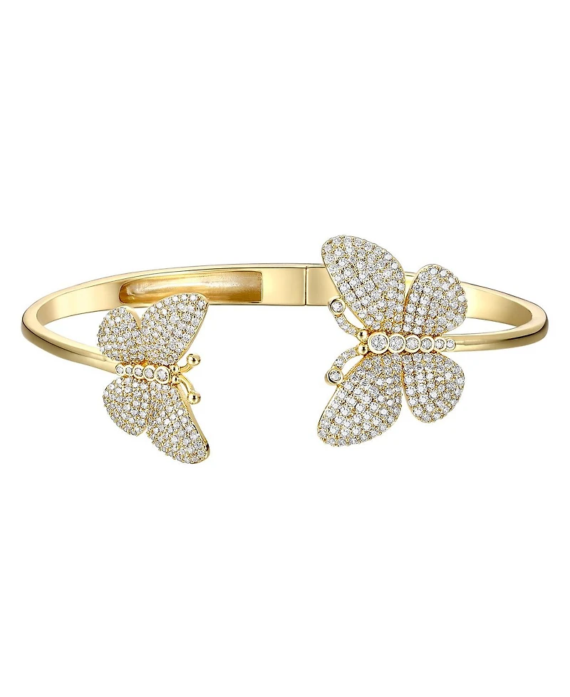 14k Gold Plated with Cubic Zirconia French Pave Butterfly Open Cuff Bangle Bracelet