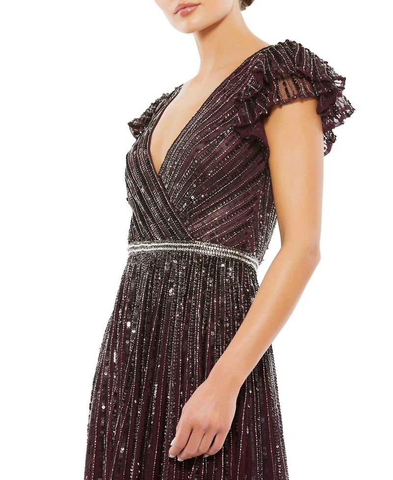 Mac Duggal Women's Sequined Wrap Over Ruffled Cap Sleeve Gown