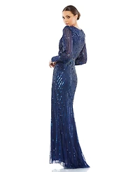Women's Sequined Wrap Over Bishop Sleeve Gown