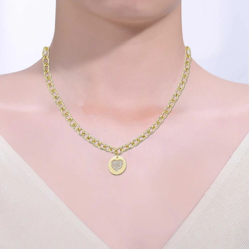 14k Gold Plated with Cubic Zirconia Heart Medallion Pendant Curb chain Adjustable Necklace