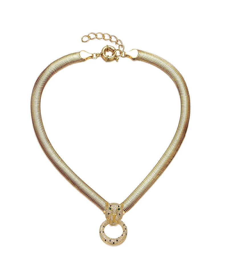 14k Yellow Gold Plated with Green & Cubic Zirconia Panther Head Door Knocker Wire Herringbone Chain Necklace - Adjustable w/ Extension Chain