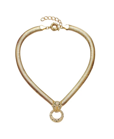 14k Yellow Gold Plated with Green & Cubic Zirconia Panther Head Door Knocker Wire Herringbone Chain Necklace - Adjustable w/ Extension Chain