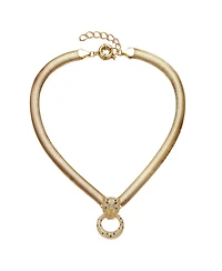 14k Yellow Gold Plated with Green & Cubic Zirconia Panther Head Door Knocker Wire Herringbone Chain Necklace - Adjustable w/ Extension Chain
