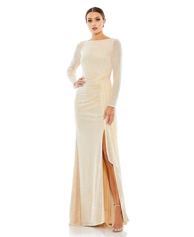 Mac Duggal Women's Ieena Sequined Ruched Long Sleeve Boat Neck Gown