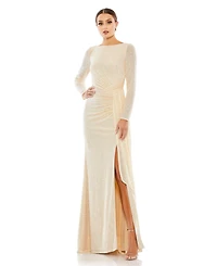 Mac Duggal Women's Ieena Sequined Ruched Long Sleeve Boat Neck Gown