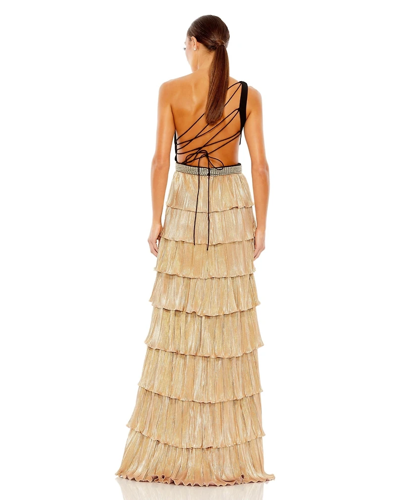 Mac Duggal Women's Ieena Metallic One Shoulder Ruffle Tiered Gown