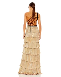 Mac Duggal Women's Ieena Metallic One Shoulder Ruffle Tiered Gown