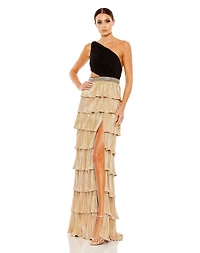 Mac Duggal Women's Ieena Metallic One Shoulder Ruffle Tiered Gown