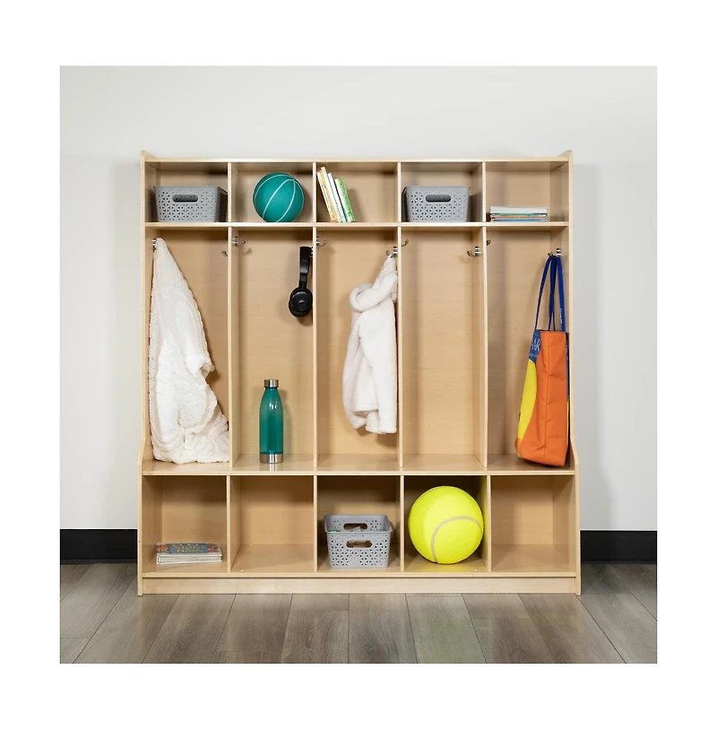 Wood School Coat Locker With Bench, Cubbies And Storage Organizer Hook