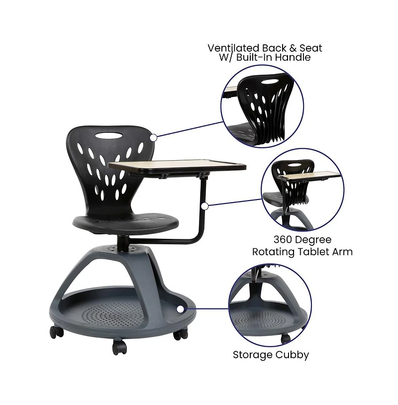 Mobile Desk Chair - 360° Tablet Rotation And Storage Cubby