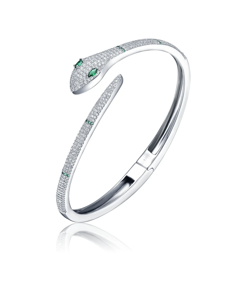 White Gold Plated with Green & Cubic Zirconia Snake Bypass Coil Wrap Bangle Bracelet