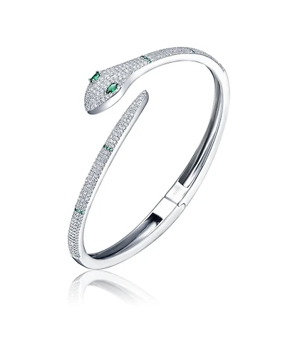 White Gold Plated with Green & Cubic Zirconia Snake Bypass Coil Wrap Bangle Bracelet