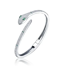 White Gold Plated with Green & Cubic Zirconia Snake Bypass Coil Wrap Bangle Bracelet