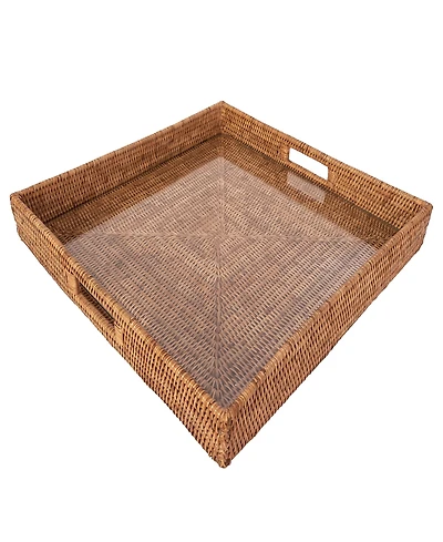 Artifacts Trading Company Rattan Square Serving Ottoman Trays with Glass Insert