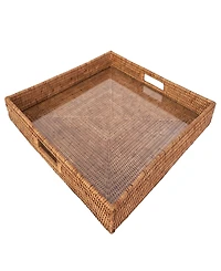 Artifacts Trading Company Rattan Square Serving Ottoman Trays with Glass Insert