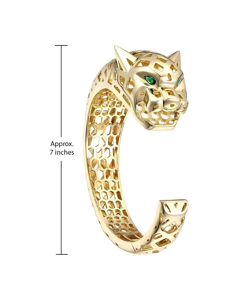 Luxurious 14k Gold Plated Sterling Silver Jaguar Open Cuff Bangle Bracelet with Green Cubic Zirconia