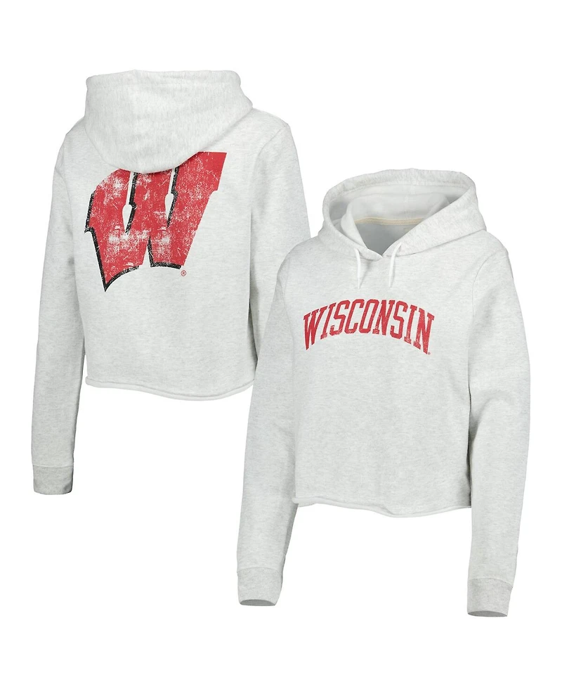Women's League Collegiate Wear Ash Wisconsin Badgers 2-Hit 1636 Cropped Pullover Hoodie
