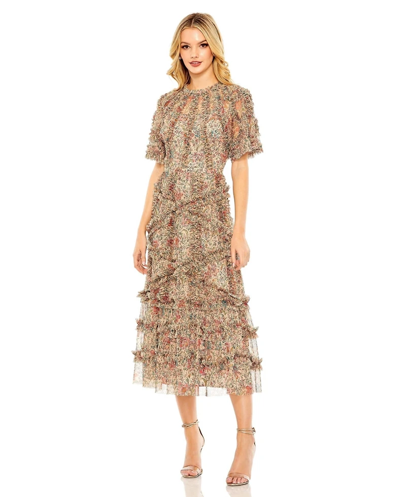 Mac Duggal Women's Floral Flutter Sleeve Mesh Print Dress