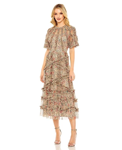 Mac Duggal Women's Floral Flutter Sleeve Mesh Print Dress