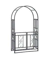 Outsunny 81" Metal Garden Arbor with Double Doors, Locking Gate, Climbing Vine Frame with Heart Motifs, Arch for Wedding, Bridal Party Decoration, Gre