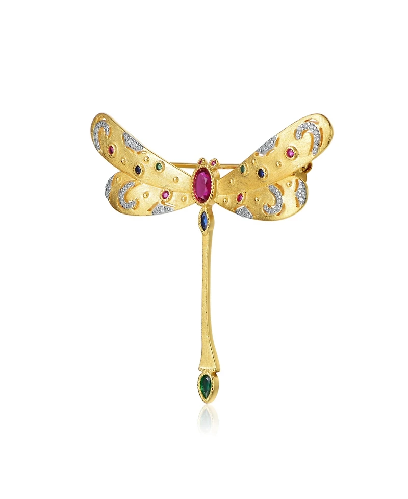 White Gold and 14K Gold Plated Red Genuine Stone Dragon Fly Pin