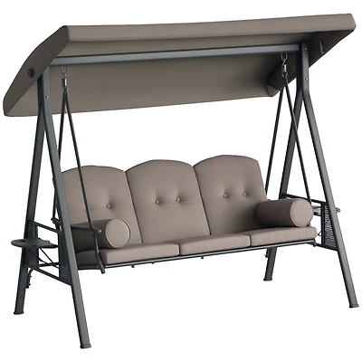 Outsunny Outdoor Patio 3-Person Steel Canopy Cushioned Seat Bench Swing with Included Side Trays & Padded Comfort, Brown