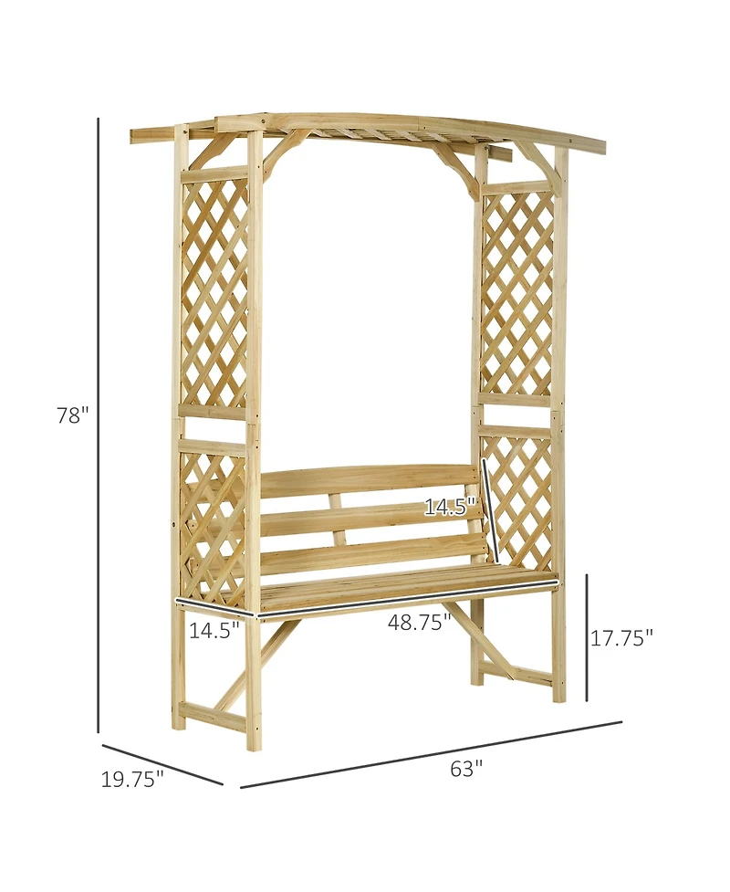 Outsunny Patio Garden Bench Arbor Arch with Pergola and 2 Trellises, 3 Seat Natural Wooden Outdoor Bench for Grape Vines & Climbing Plants, Backyard D