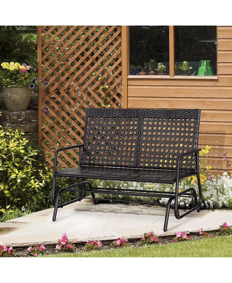 Outsunny Patio 2-Person Wicker Glider Bench Rocking Chair, Outdoor All-Hand Woven Pe Rattan Loveseat w/ Ergonomic Design Rocking System for Patio, Gar